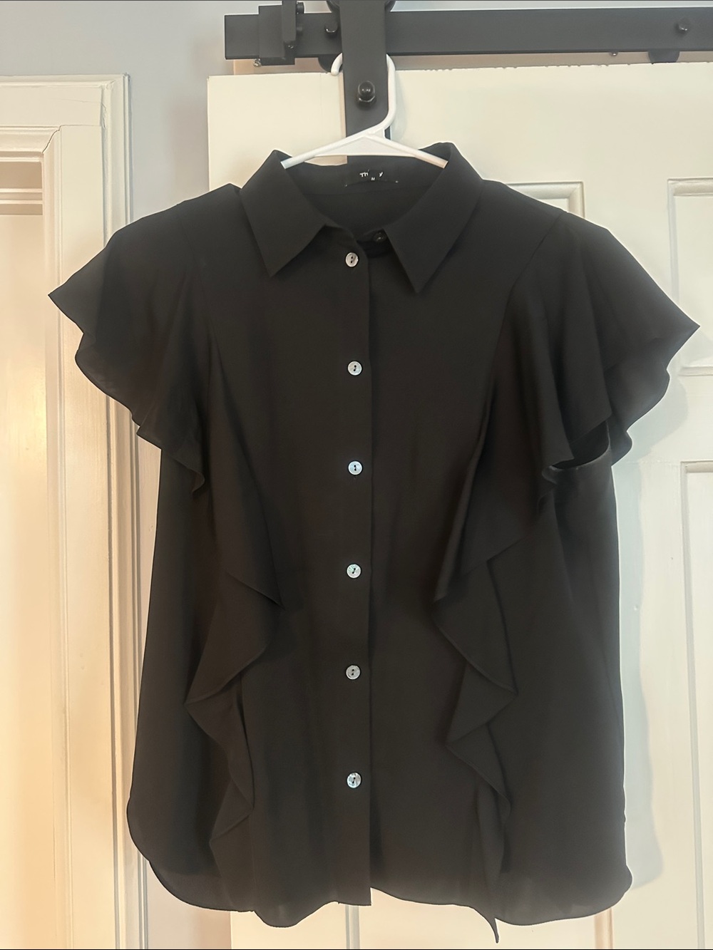 100% Silk Theory Black Ruffle-Front Button-Down Blouse